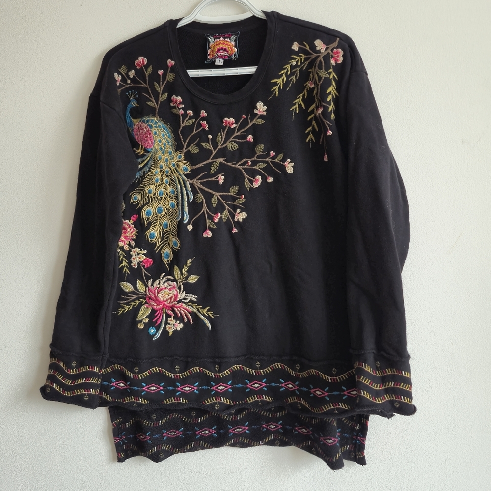 Johnny Was Black Top with Colorful Embroidery